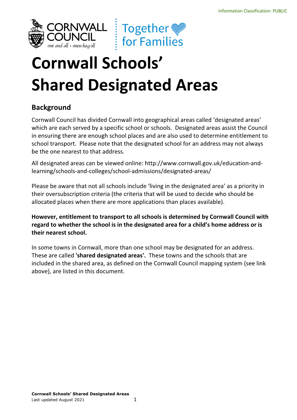 Cornwall Schools' Shared Designated Areas