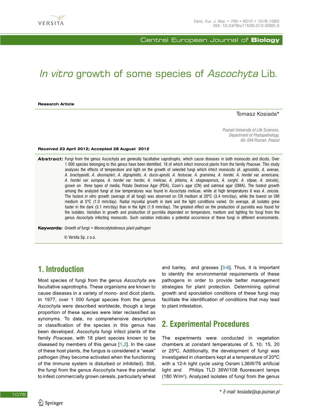 In Vitro Growth of Some Species of Ascochyta Lib