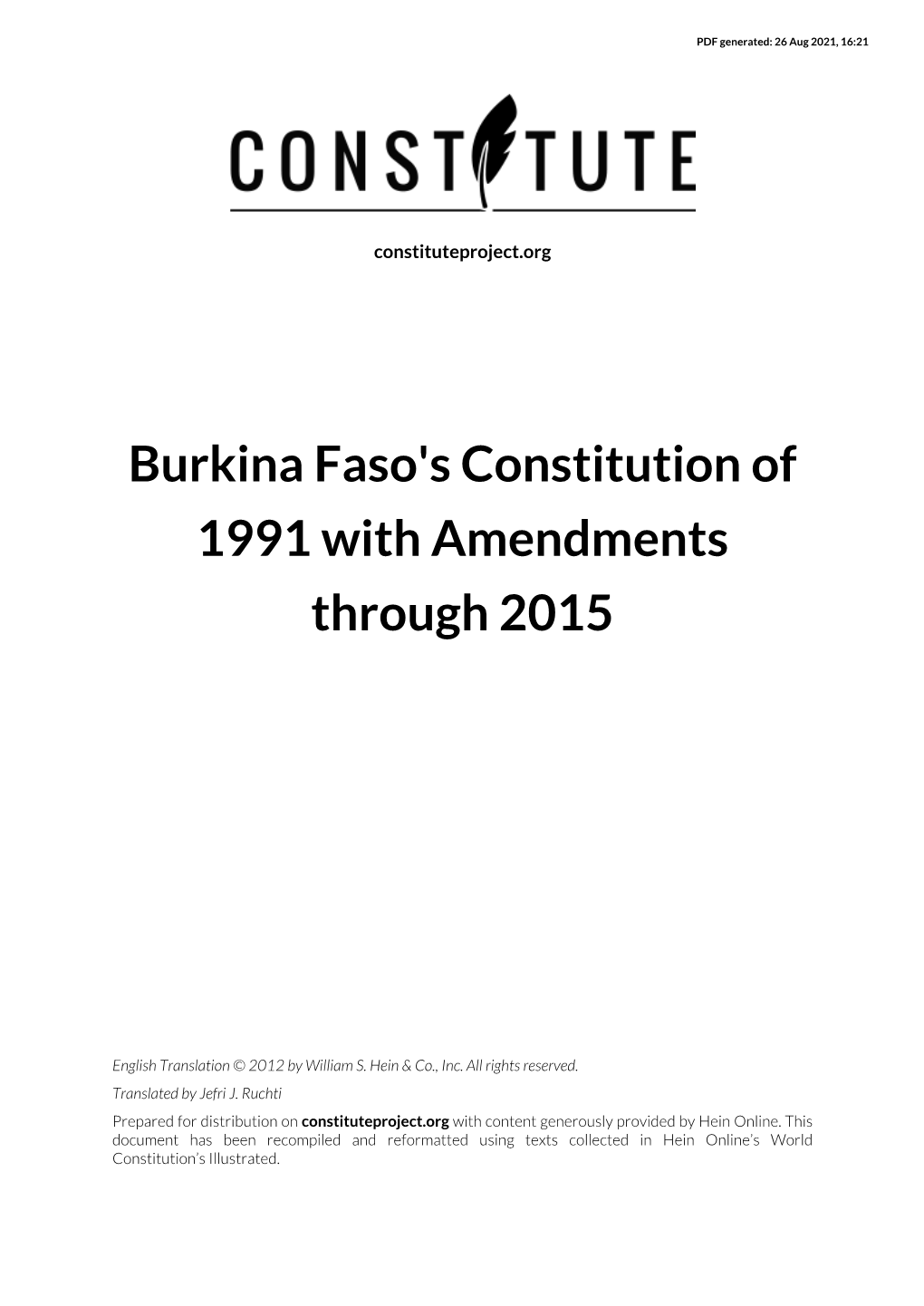 Burkina Faso's Constitution of 1991 with Amendments Through 2015