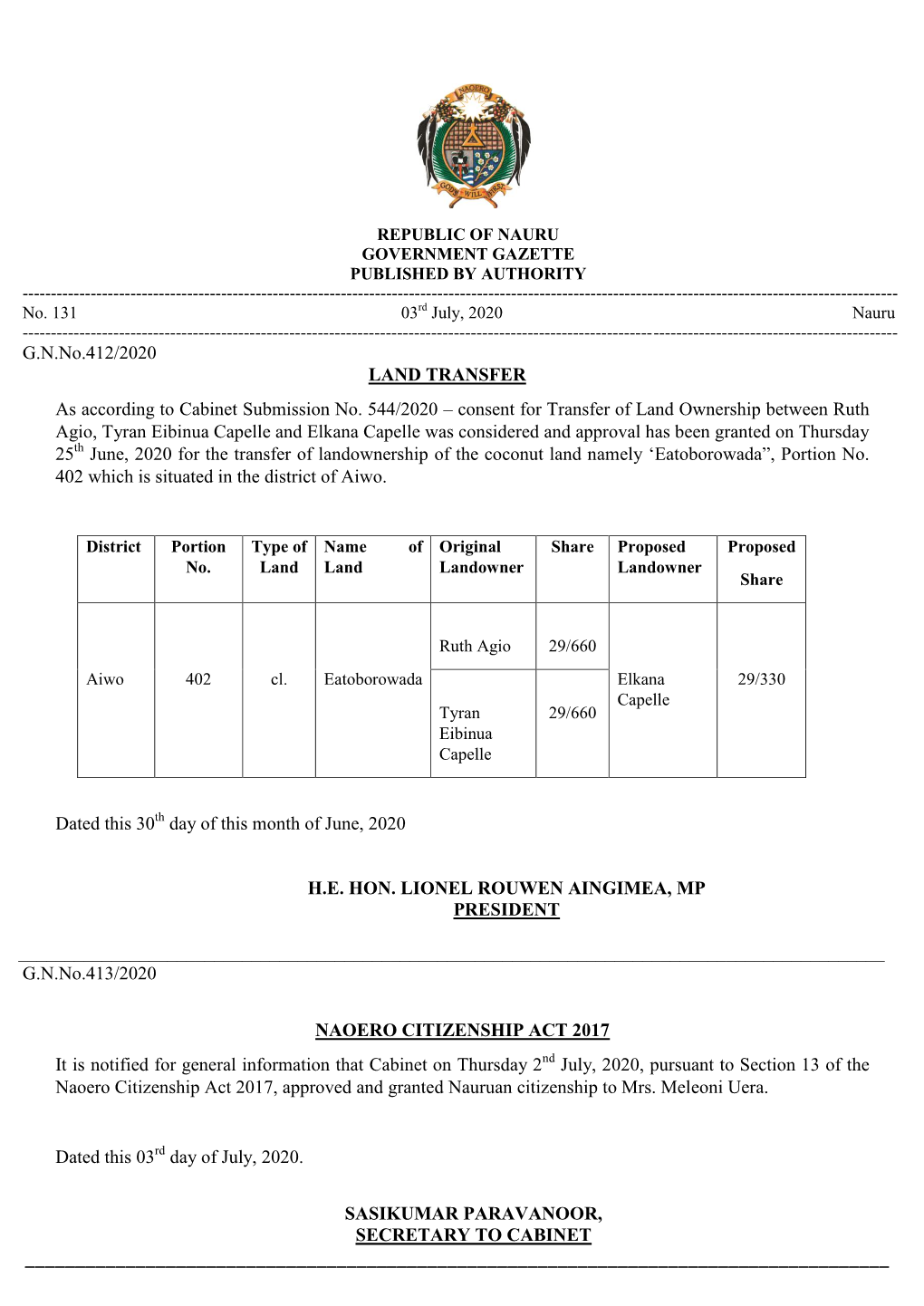 G.N.No.412/2020 LAND TRANSFER As According to Cabinet Submission No