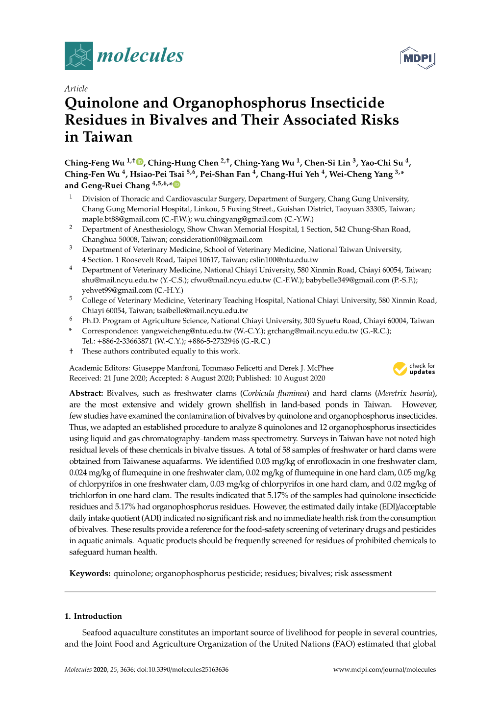 Quinolone and Organophosphorus Insecticide Residues in Bivalves and Their Associated Risks in Taiwan