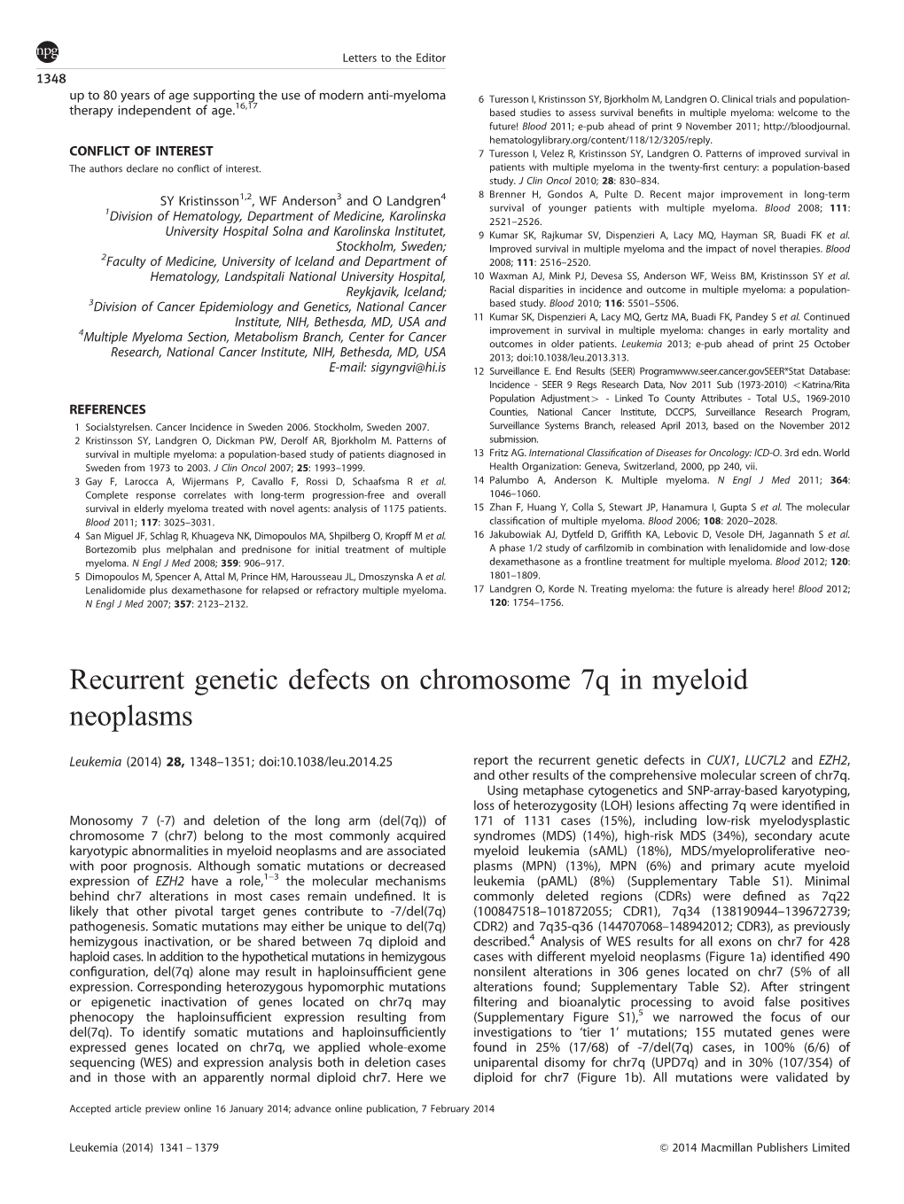 Recurrent Genetic Defects on Chromosome 7Q in Myeloid Neoplasms