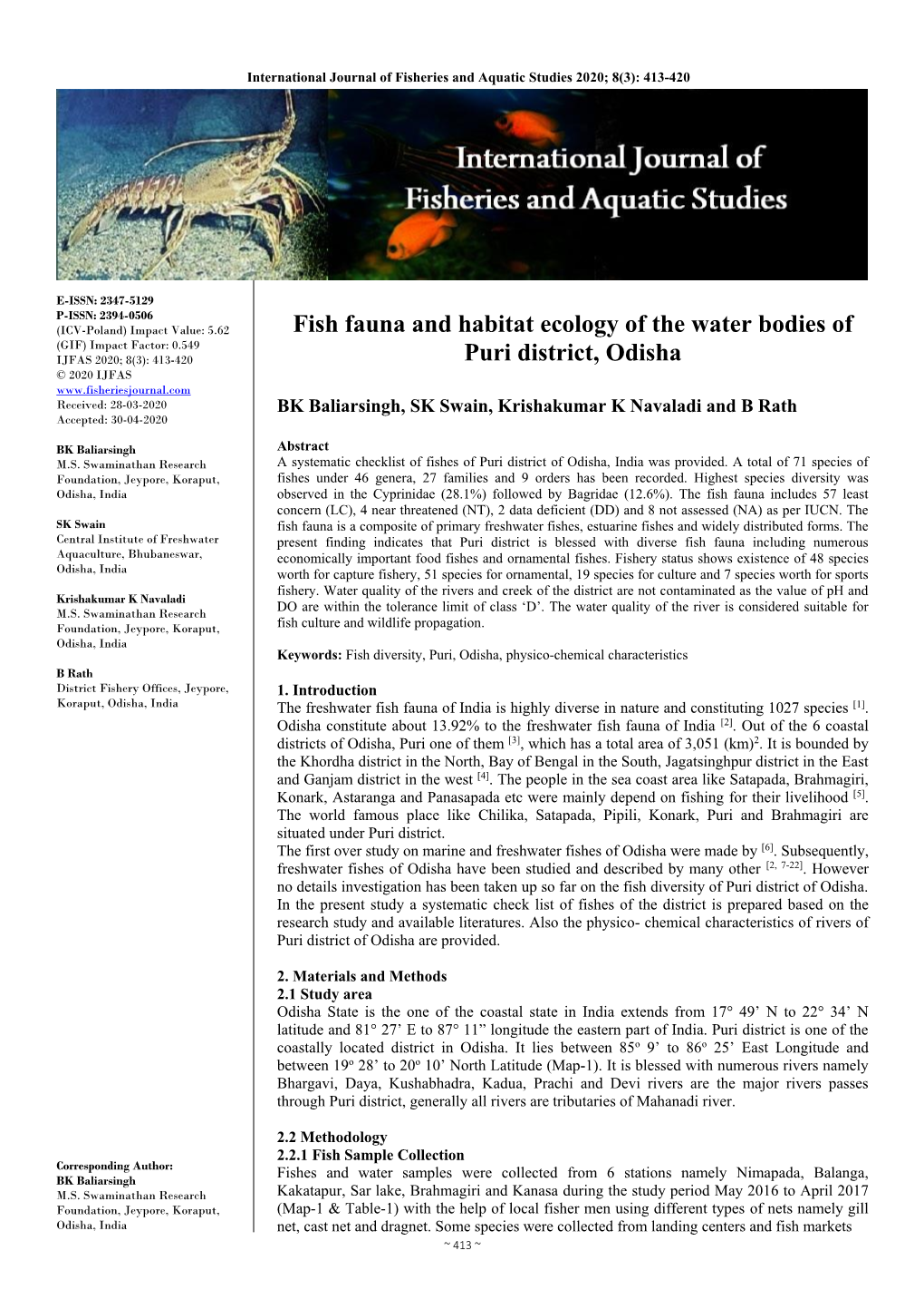 Fish Fauna and Habitat Ecology of the Water Bodies of Puri District, Odisha