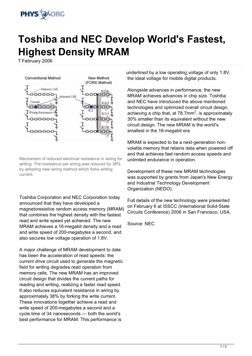 Toshiba and NEC Develop World's Fastest, Highest Density MRAM 7 February 2006