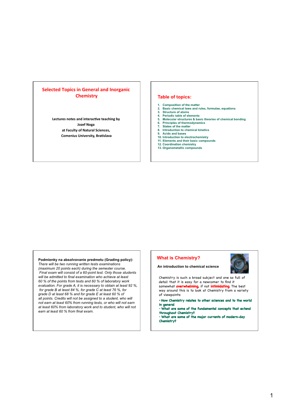 Selected Topics in General and Inorganic Chemistry Table of Topics