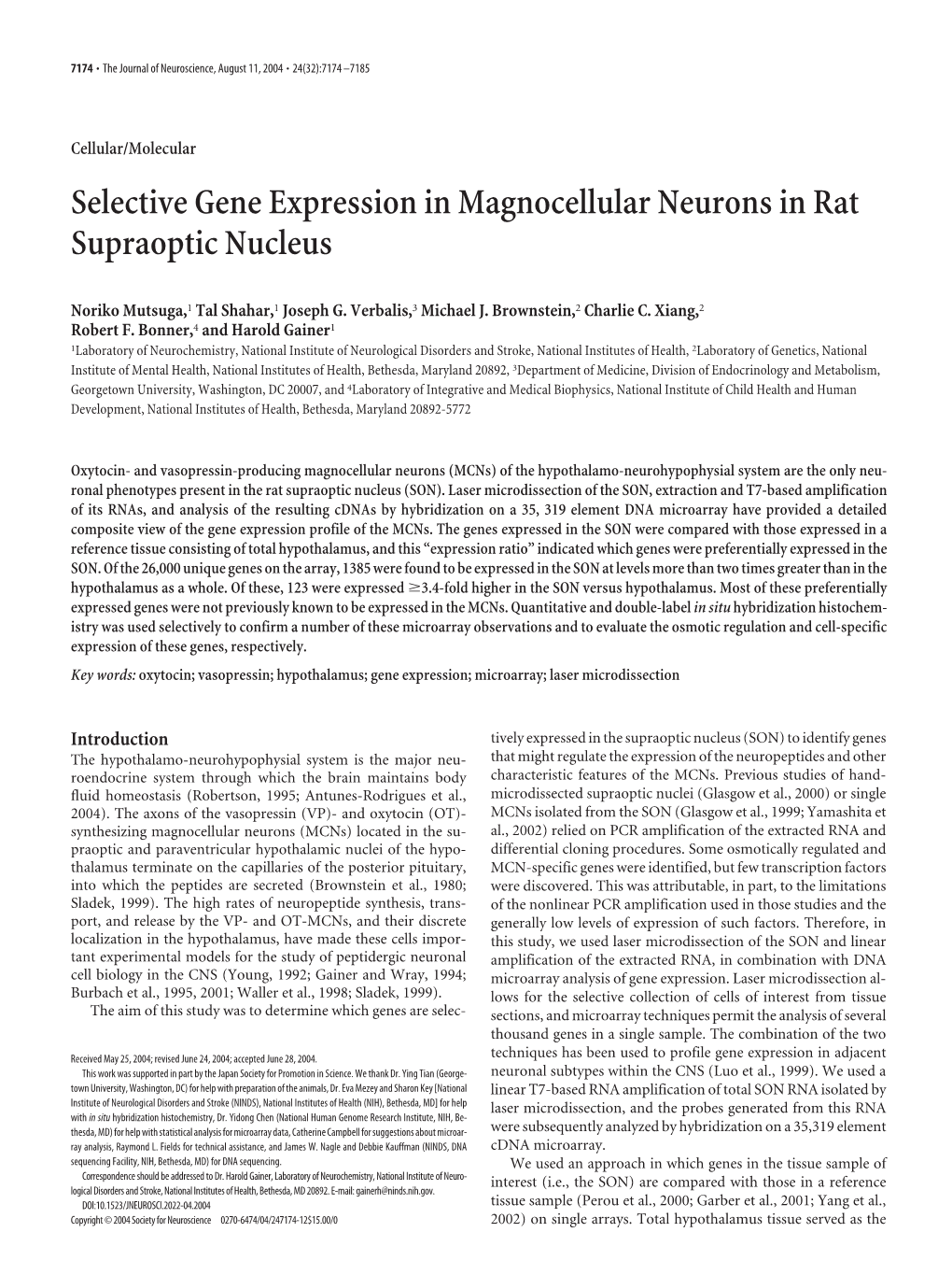 Selective Gene Expression in Magnocellular Neurons in Rat Supraoptic Nucleus