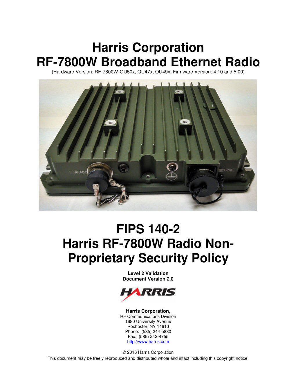 FIPS 140-2 Harris RF-7800W Radio Non- Proprietary Security Policy