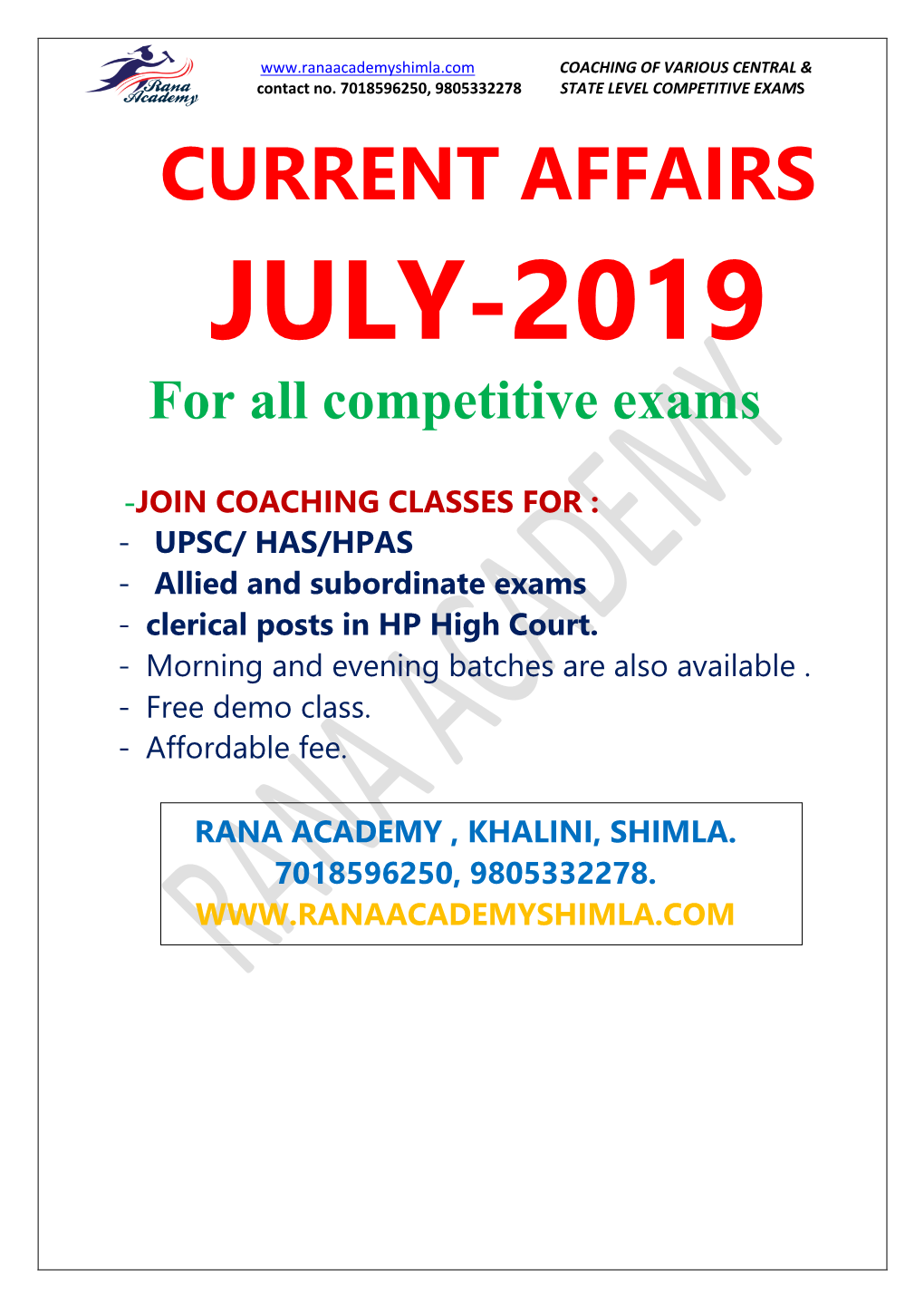 CURRENT AFFAIRS JULY-2019 for All Competitive Exams