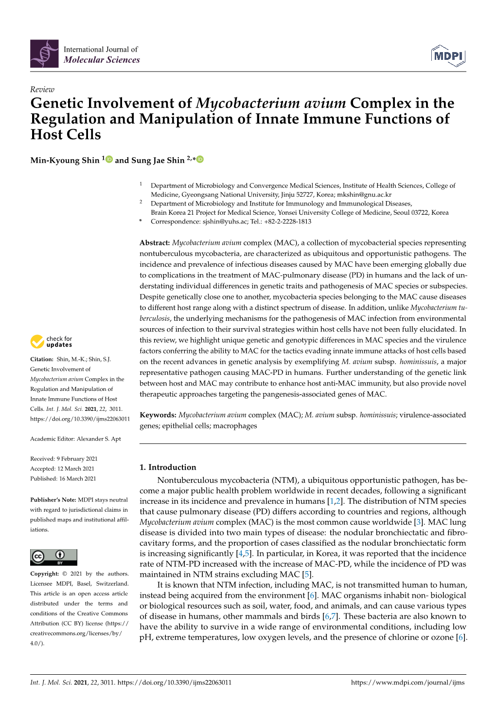 Genetic Involvement of Mycobacterium Avium Complex in the Regulation and Manipulation of Innate Immune Functions of Host Cells