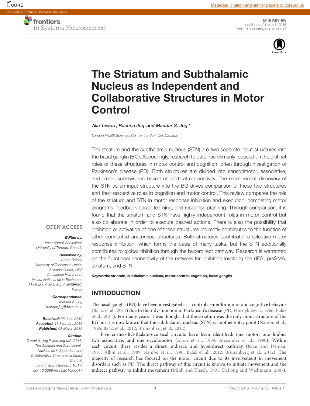 The Striatum and Subthalamic Nucleus As Independent and Collaborative Structures in Motor Control