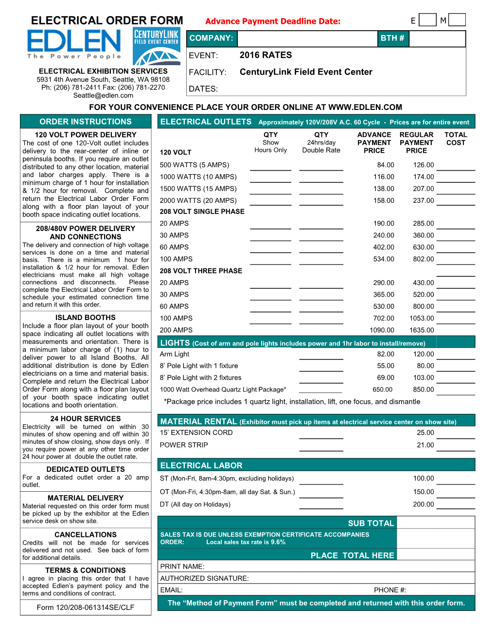 ELECTRICAL ORDER FORM Advance Payment Deadline Date: E M COMPANY: BTH