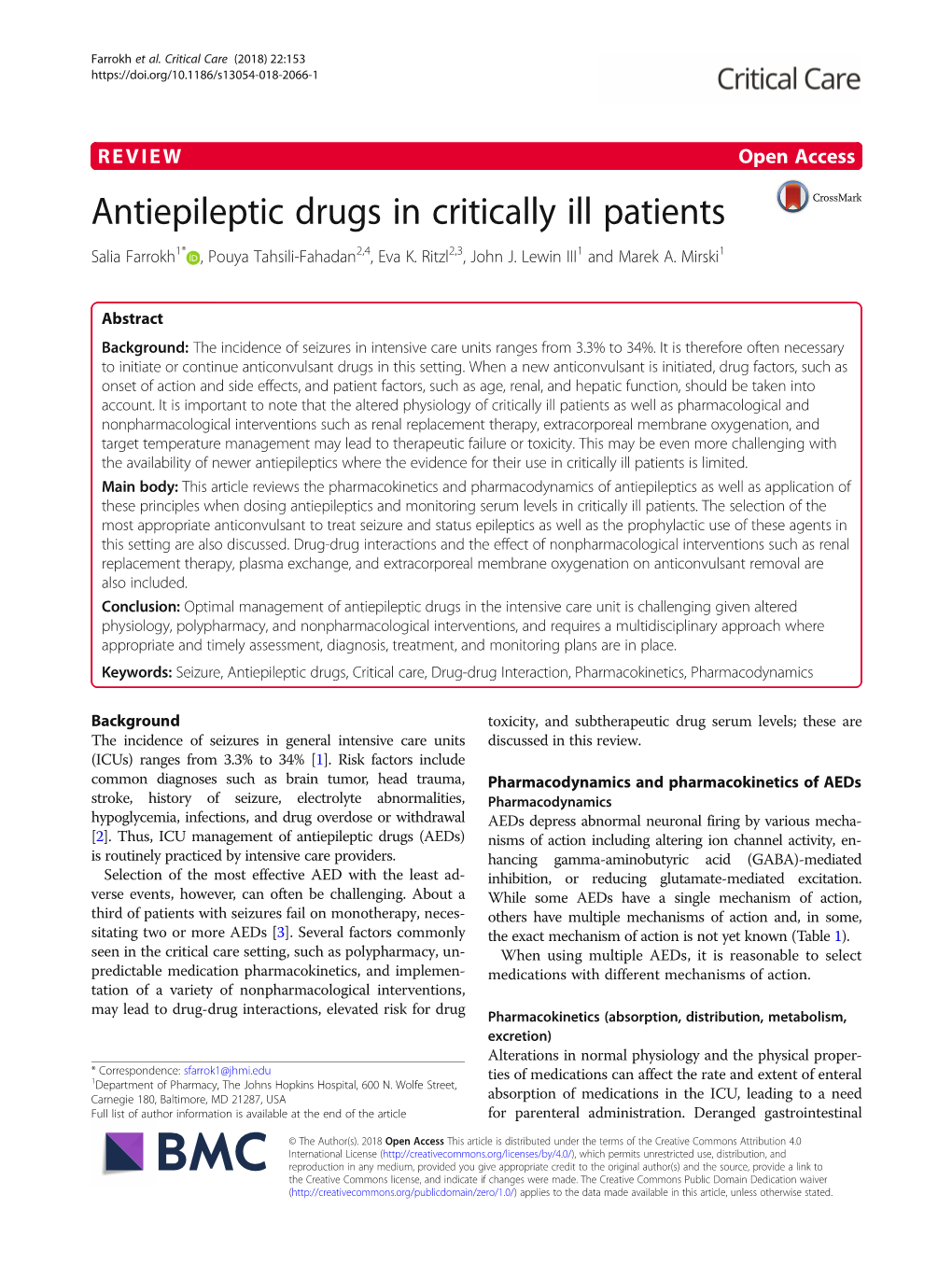 Antiepileptic Drugs in Critically Ill Patients Salia Farrokh1* , Pouya Tahsili-Fahadan2,4, Eva K