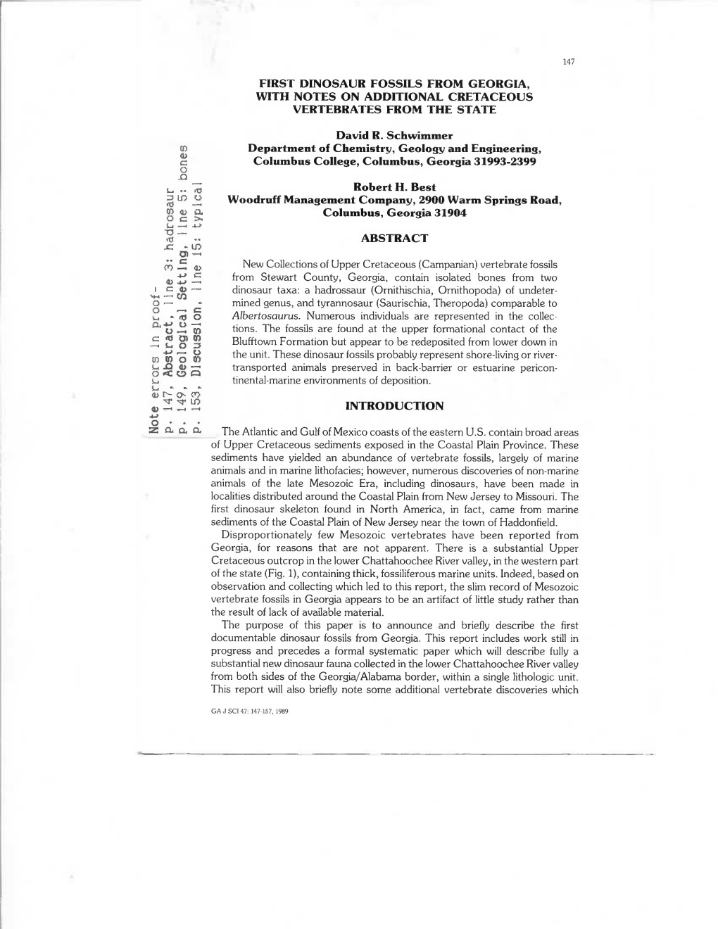 First Dinosaur Fossils from Georgia, with Notes on Additional Cretaceous Vertebrates from the State