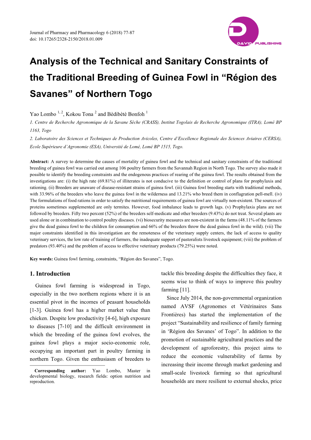 Analysis of the Technical and Sanitary Constraints of the Traditional Breeding of Guinea Fowl in “Région Des Savanes” of Northern Togo