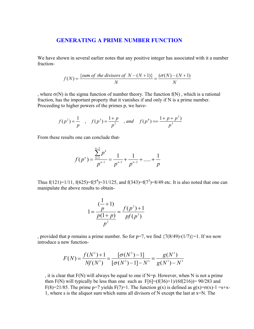 GENERATING a PRIME NUMBER FUNCTION Ppppp Pf 1