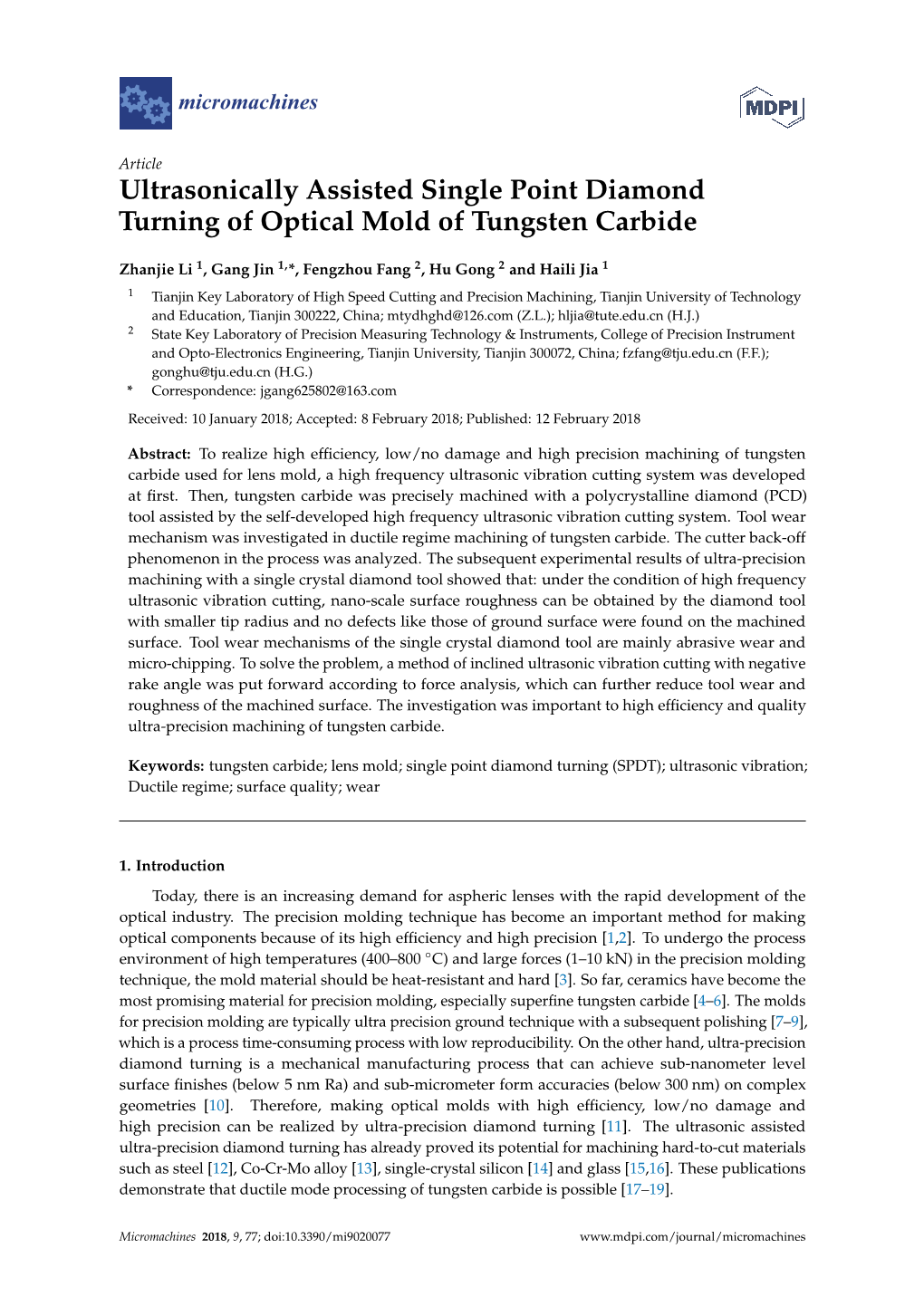 Ultrasonically Assisted Single Point Diamond Turning of Optical Mold of Tungsten Carbide