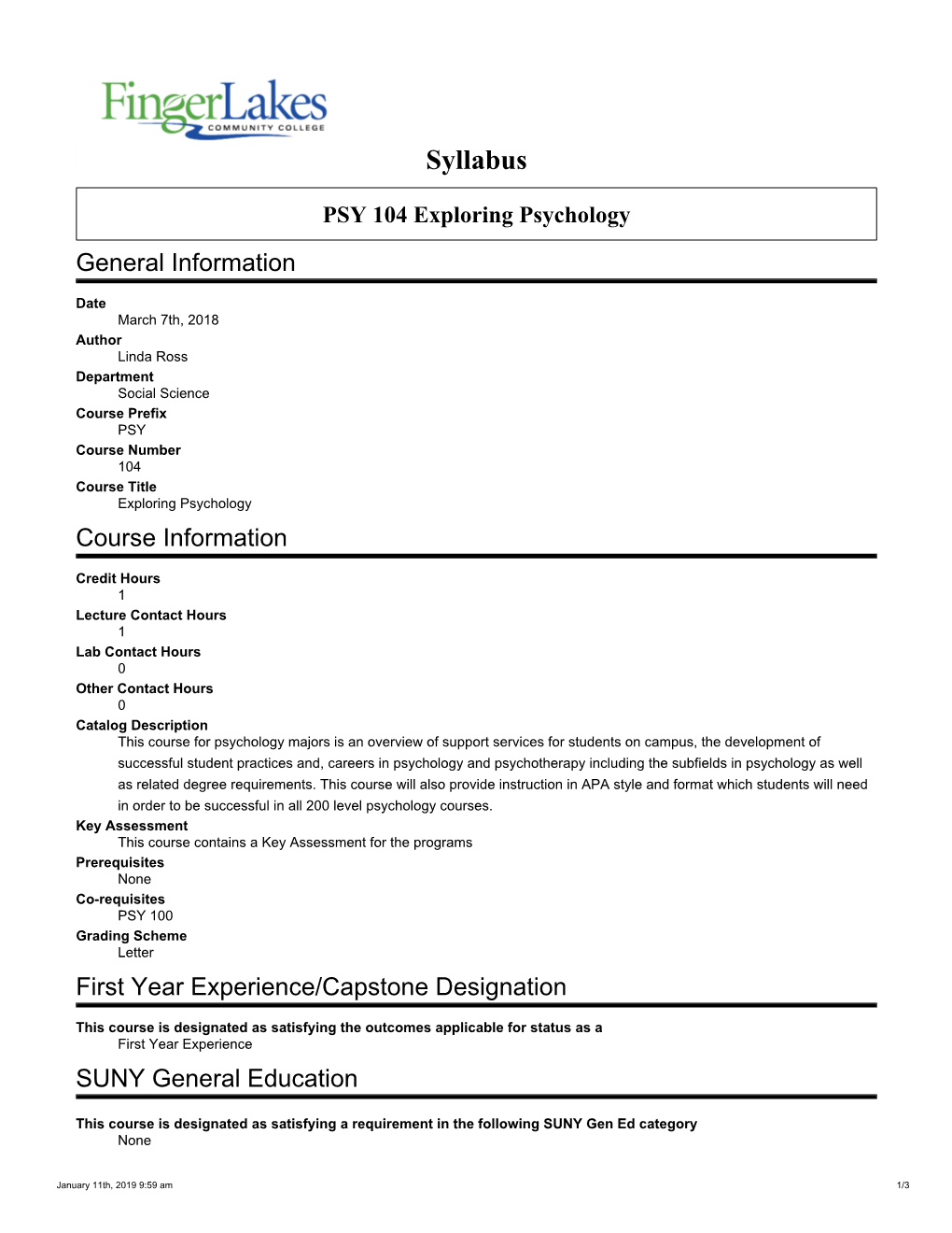 PSY 104 Course Syllabus