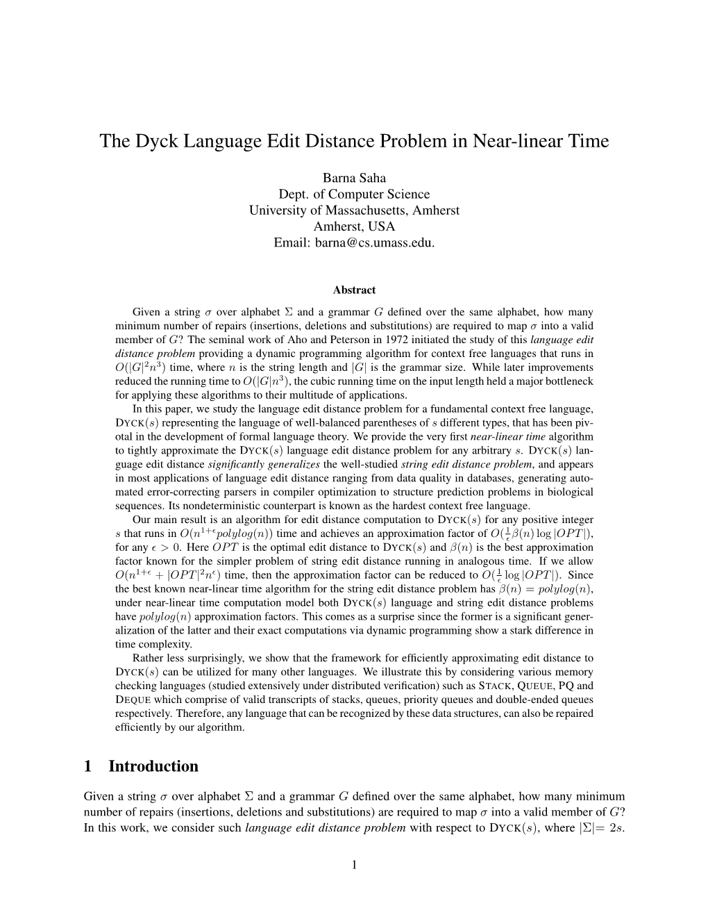 The Dyck Language Edit Distance Problem in Near-Linear Time