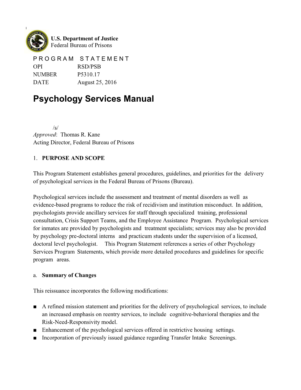 Psychology Services Manual