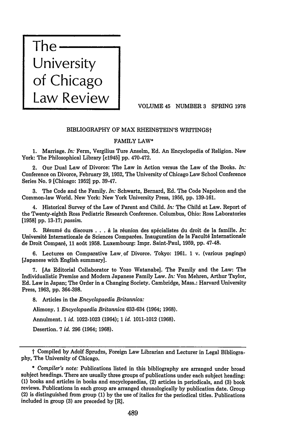 BIBLIOGRAPHY of MAX RHEINSTEIN's Writingst