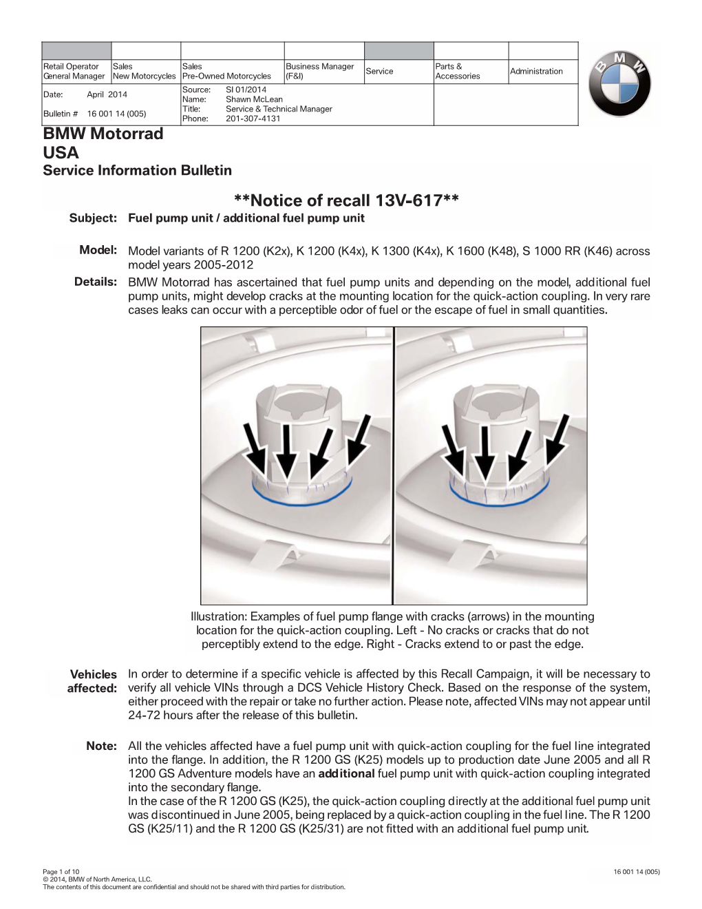 BMW Motorrad USA **Notice of Recall 13V-617**