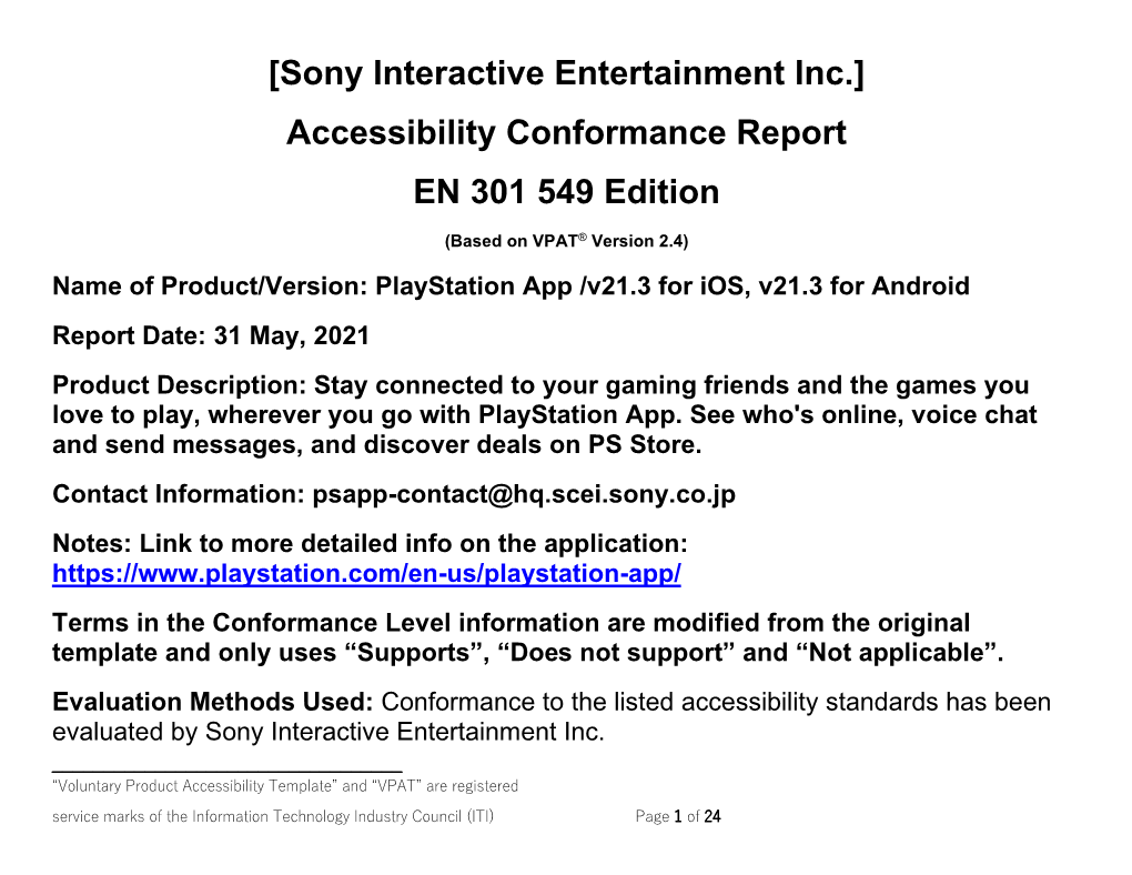 Accessibility Conformance Report Playstation