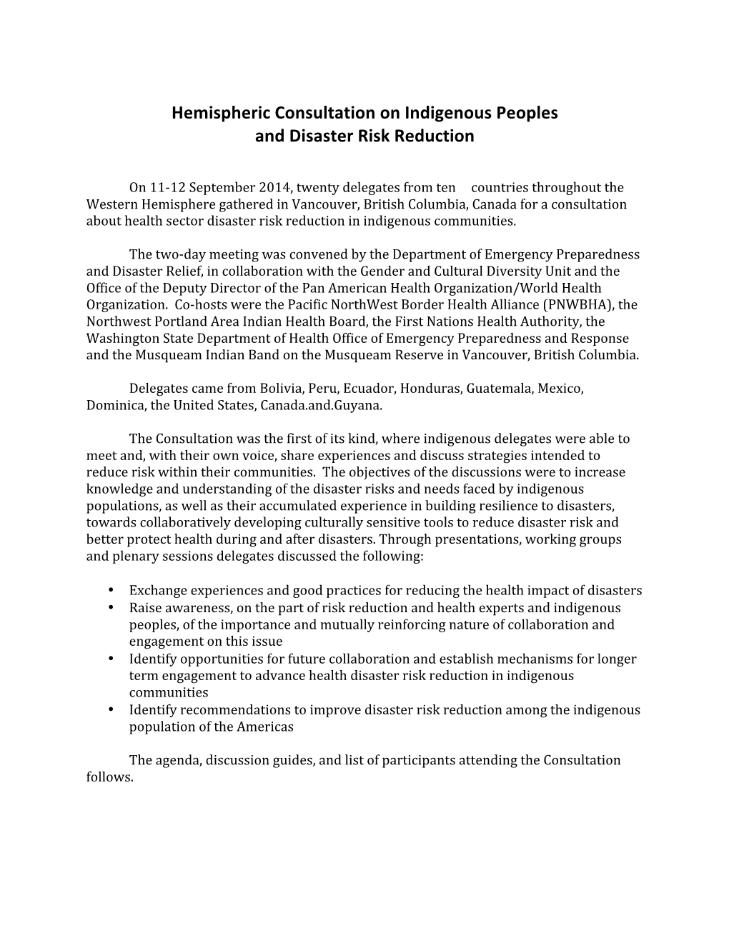 Hemispheric Consultation on Indigenous Peoples and Disaster Risk Reduction