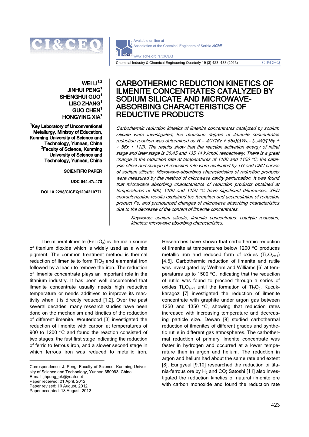 Carbothermic Reduction Kinetics of Ilmenite Concentrates Catalyzed by Sodium Silicate and Microwave- Absorbing Characteristics O