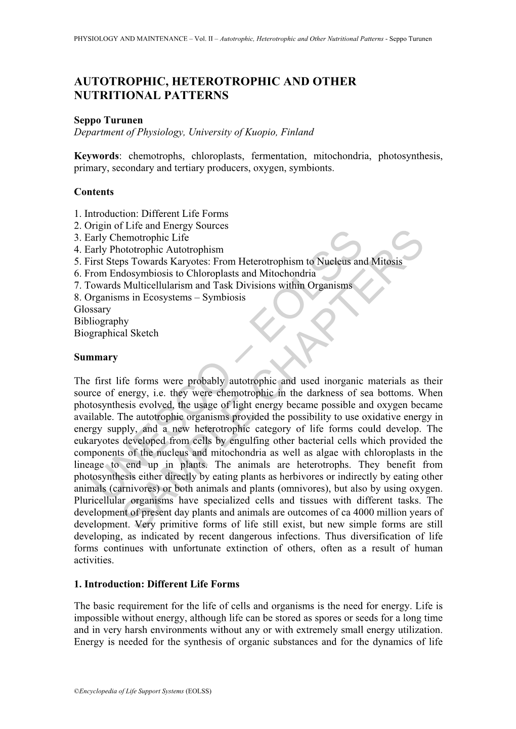 Autotrophic, Heterotrophic and Other Nutritional Patterns - Seppo Turunen