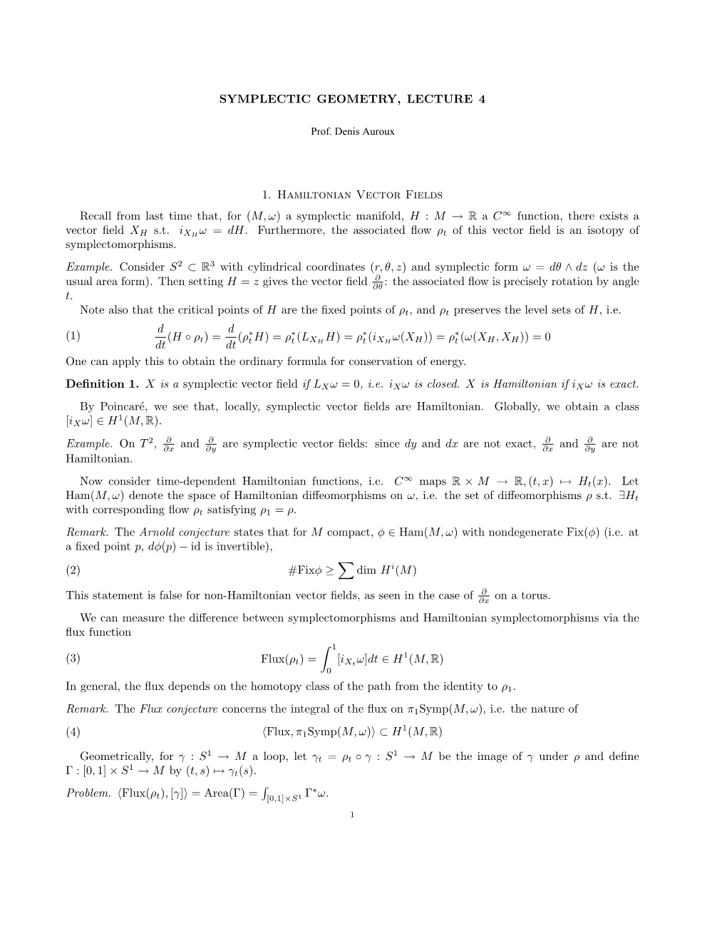 SYMPLECTIC GEOMETRY, LECTURE 4 1. Hamiltonian Vector