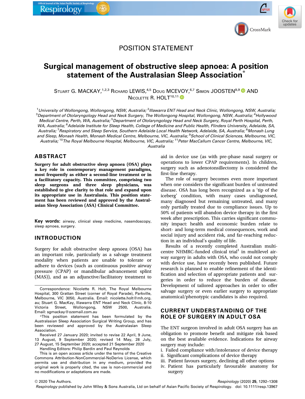 Surgical Management of Obstructive Sleep Apnoea: a Position Statement of the Australasian Sleep Association*