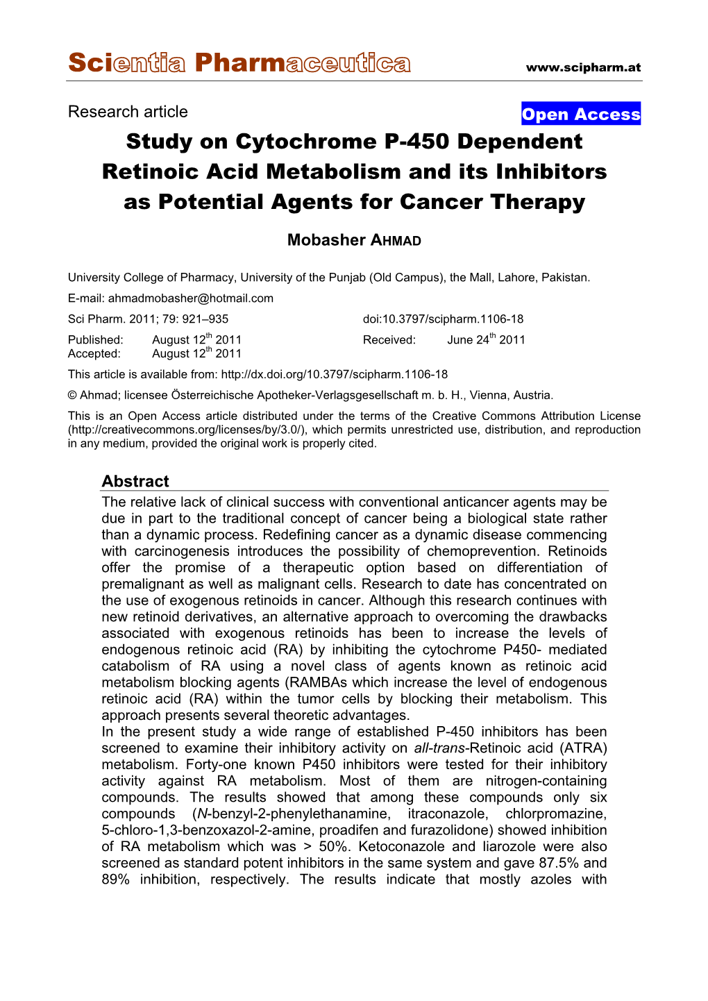 Study on Cytochrome P-450 Dependent Retinoic Acid Metabolism and Its Inhibitors As Potential Agents for Cancer Therapy