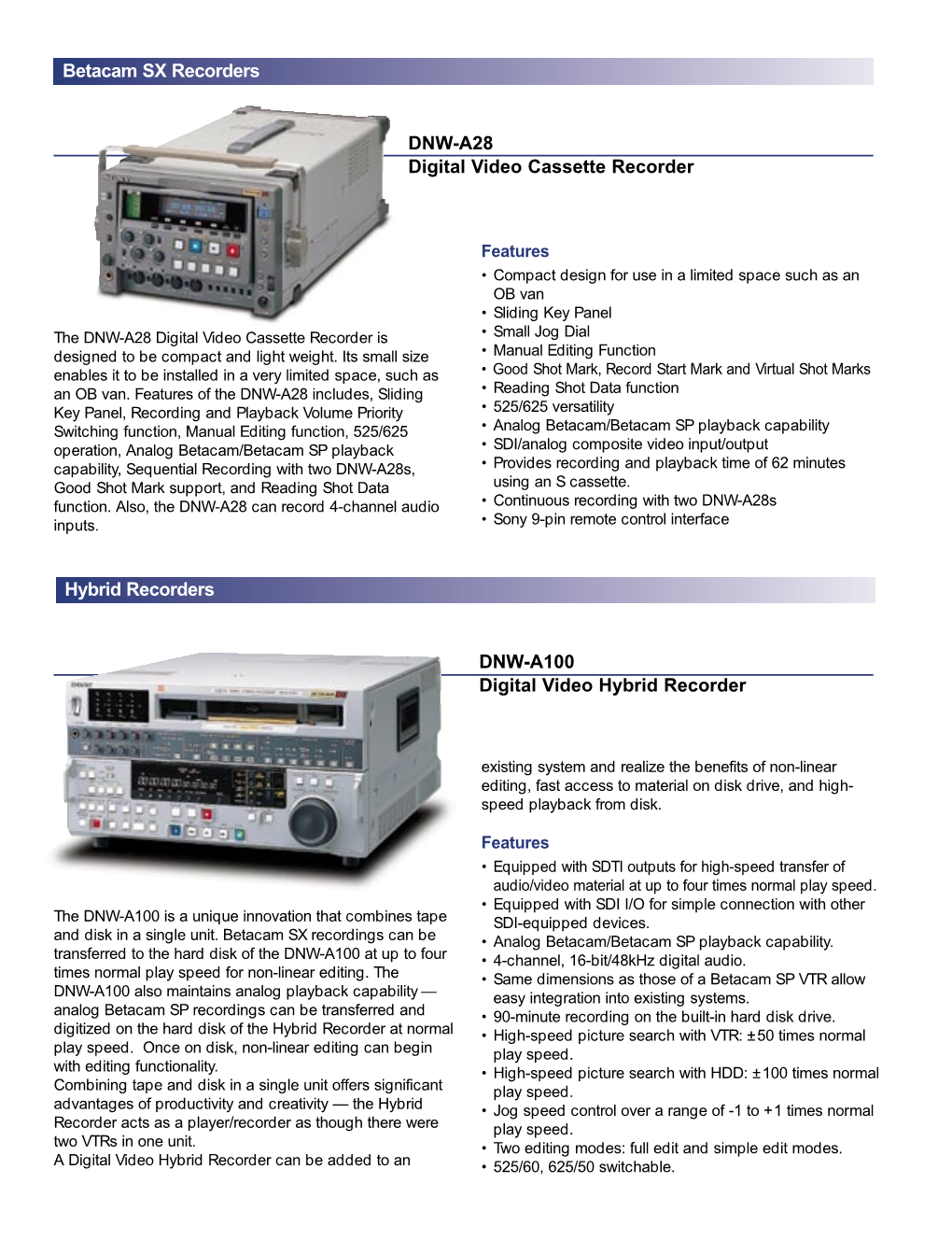 Betacam SX Recorders Hybrid Recorders DNW-A100 Digital Video