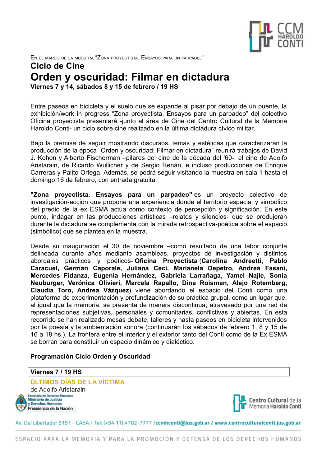 Orden Y Oscuridad: Filmar En Dictadura Viernes 7 Y 14, Sábados 8 Y 15 De Febrero / 19 HS