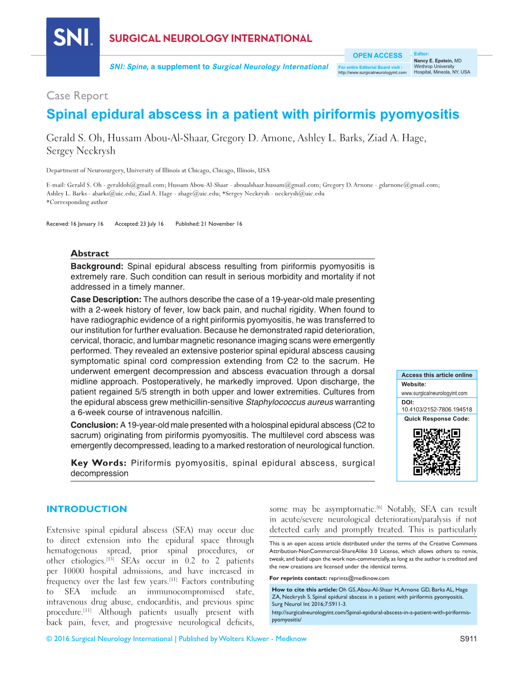 Spinal Epidural Abscess in a Patient with Piriformis Pyomyositis Gerald S