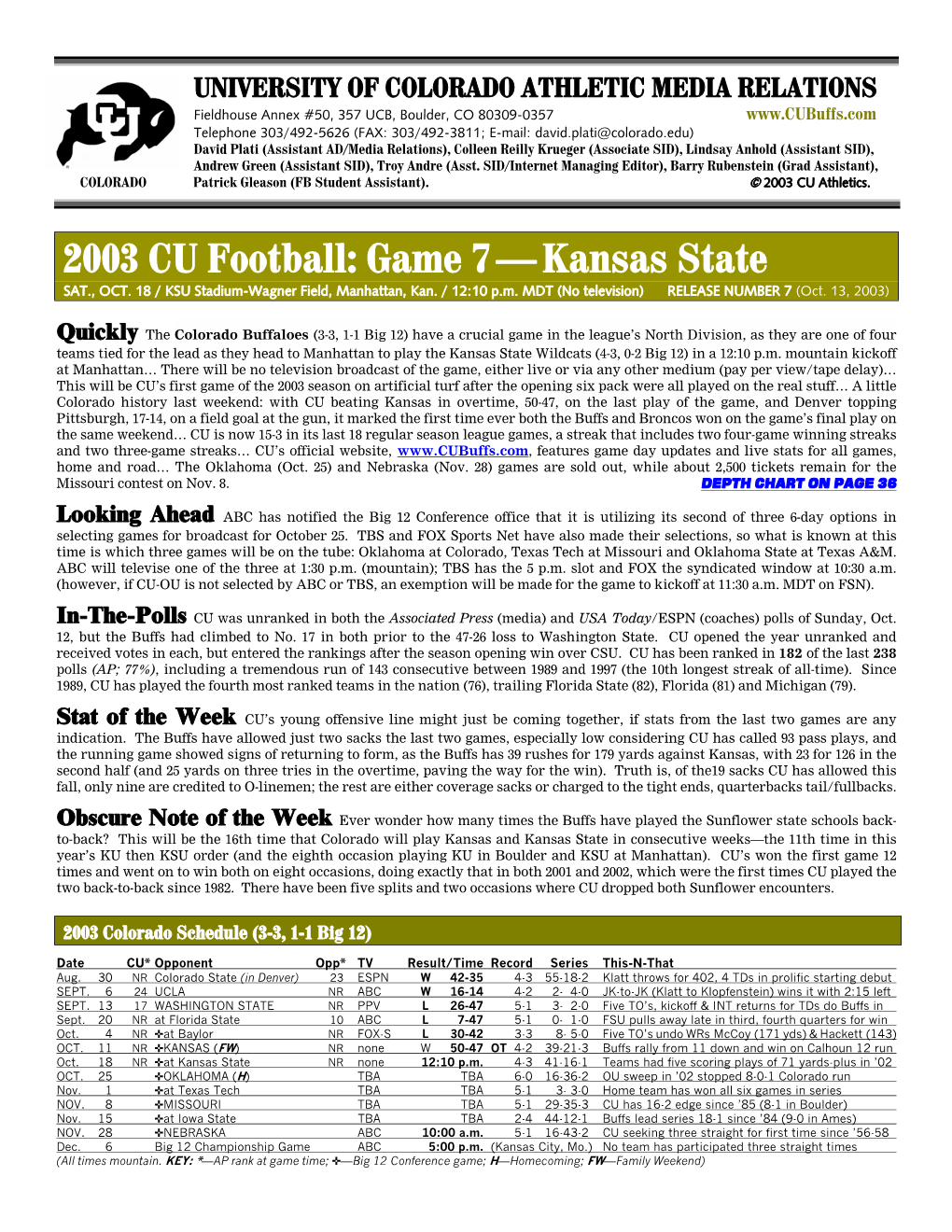 2003 CU Football: Game 7—Kansas State