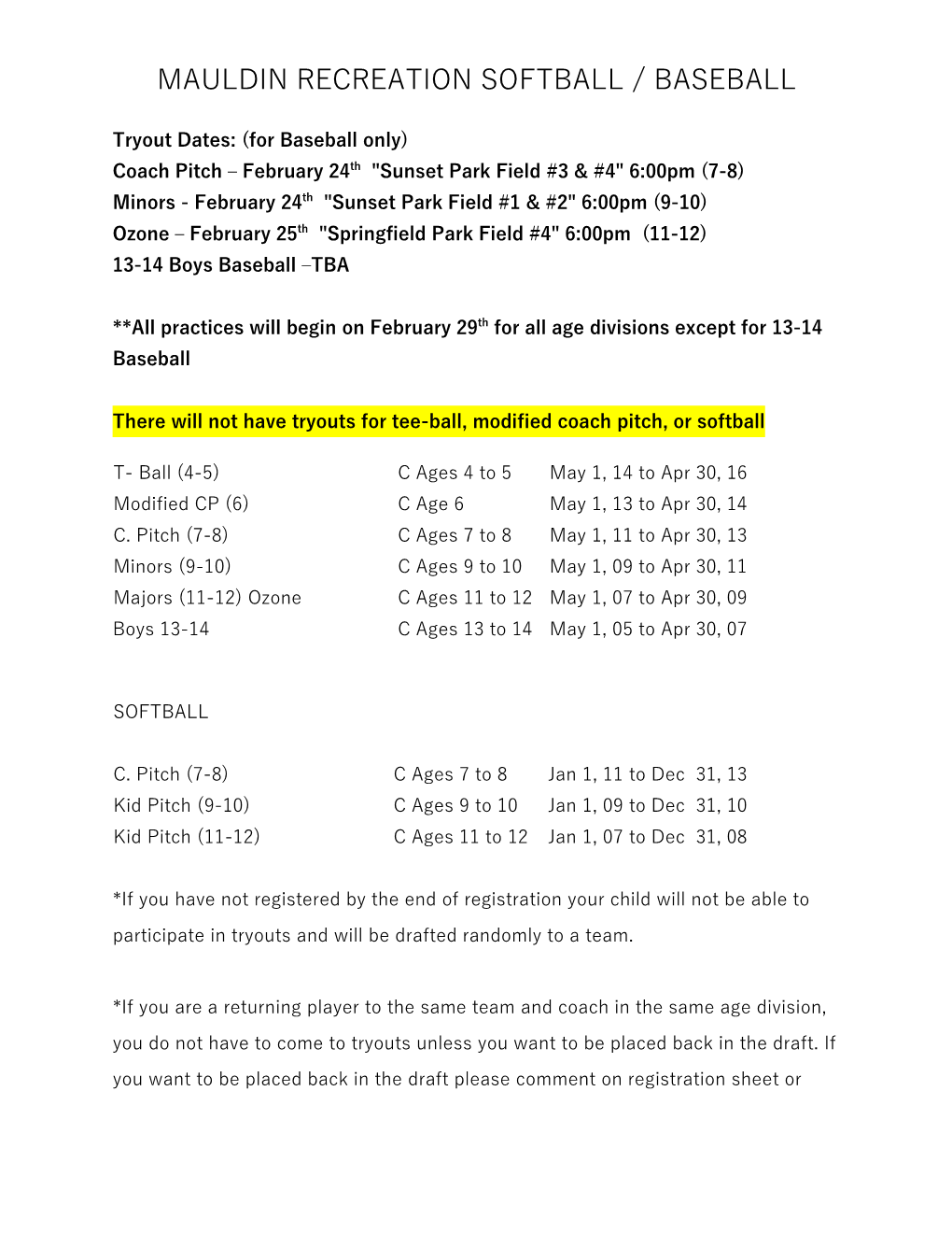 Mauldin Recreation Softball / Baseball