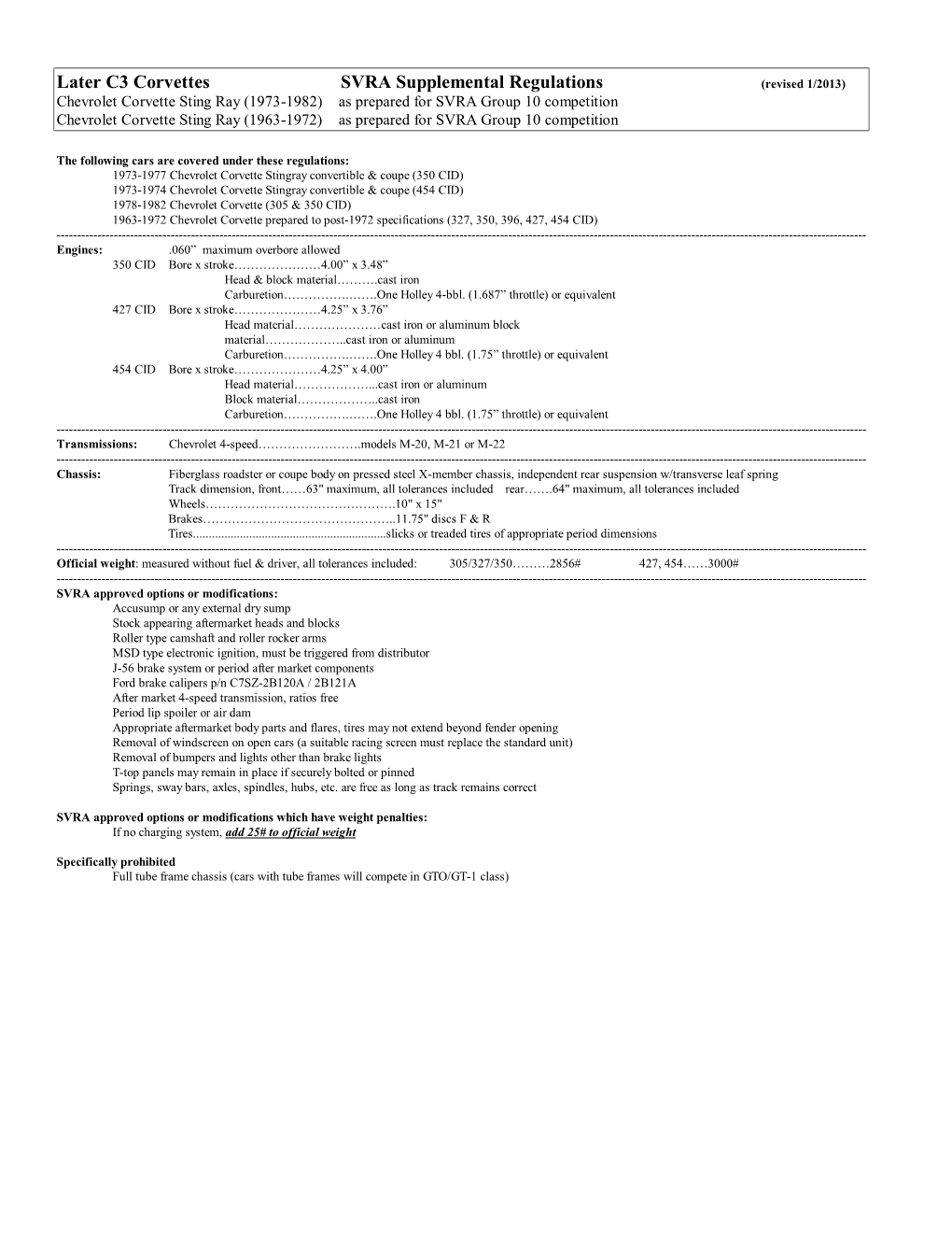 Later C3 Corvettes SVRA Supplemental Regulations