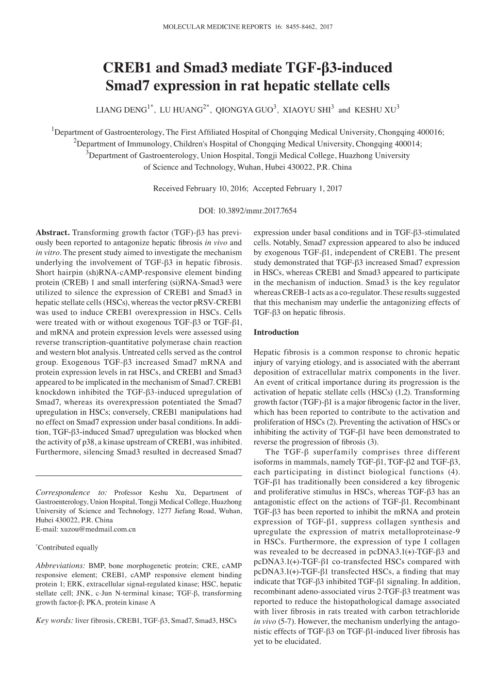 CREB1 and Smad3 Mediate TGF‑Β3‑Induced Smad7 Expression in Rat Hepatic Stellate Cells