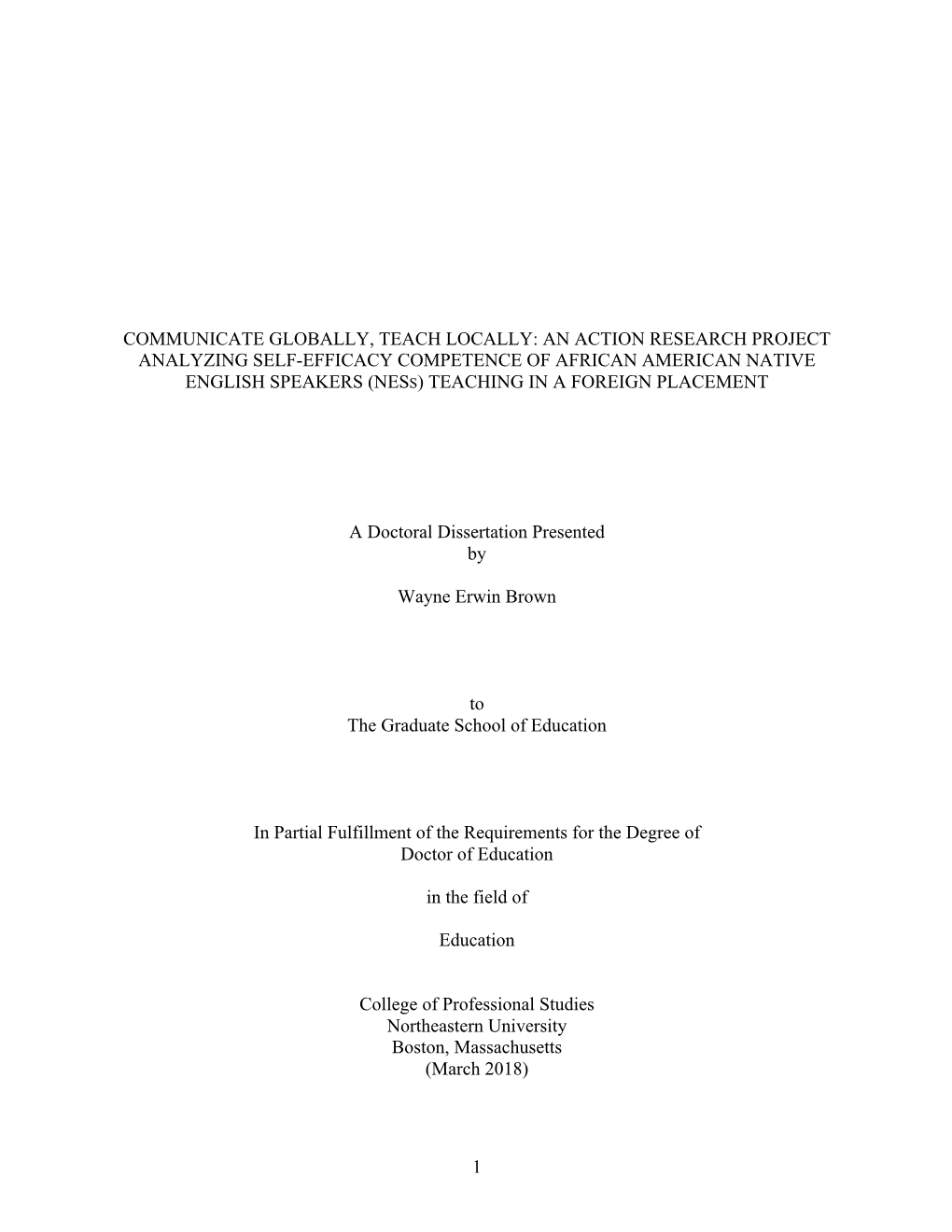 An Action Research Project Analyzing Self-Efficacy Competence of African American Native English Speakers (Ness) Teaching in a Foreign Placement