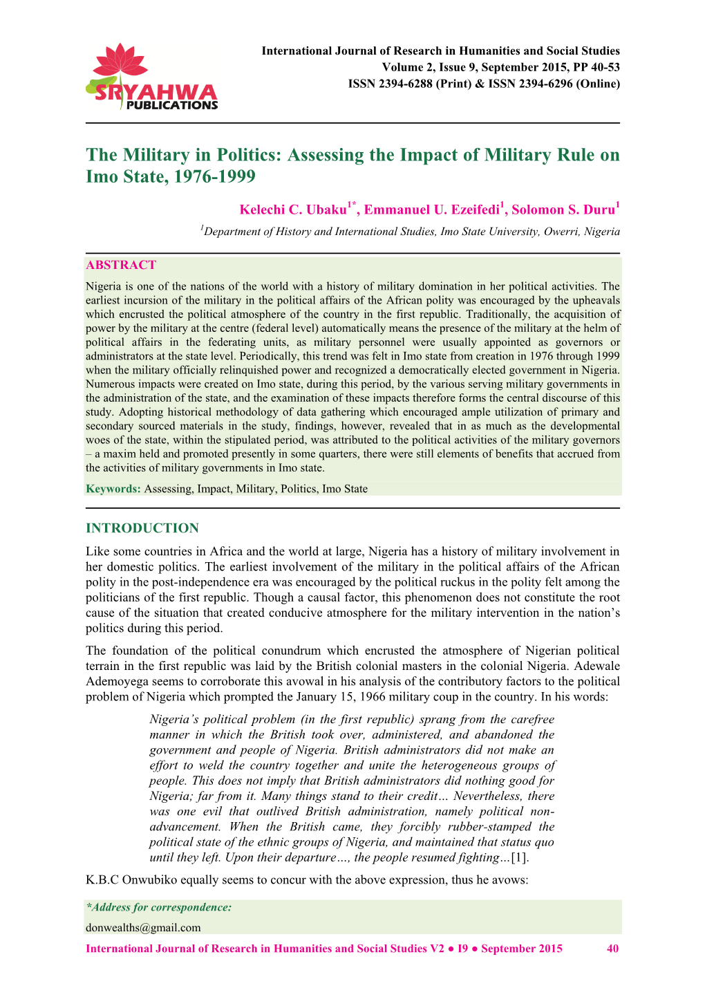 Assessing the Impact of Military Rule on Imo State, 1976-1999