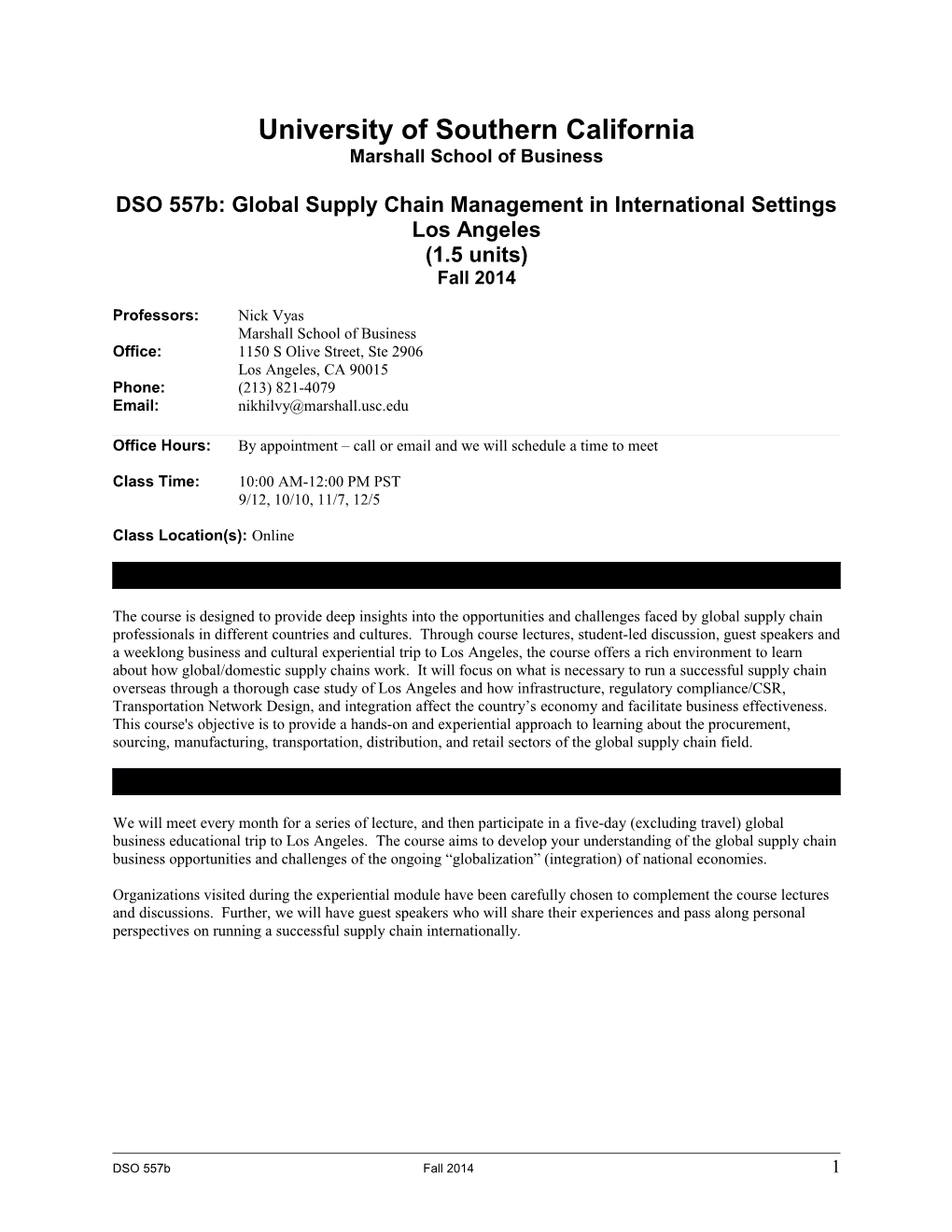 DSO 557B: Global Supply Chain Management in International Settings