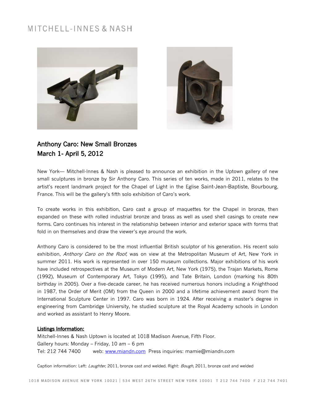 Anthony Caro: New Small Bronzes March 1- April 5, 2012