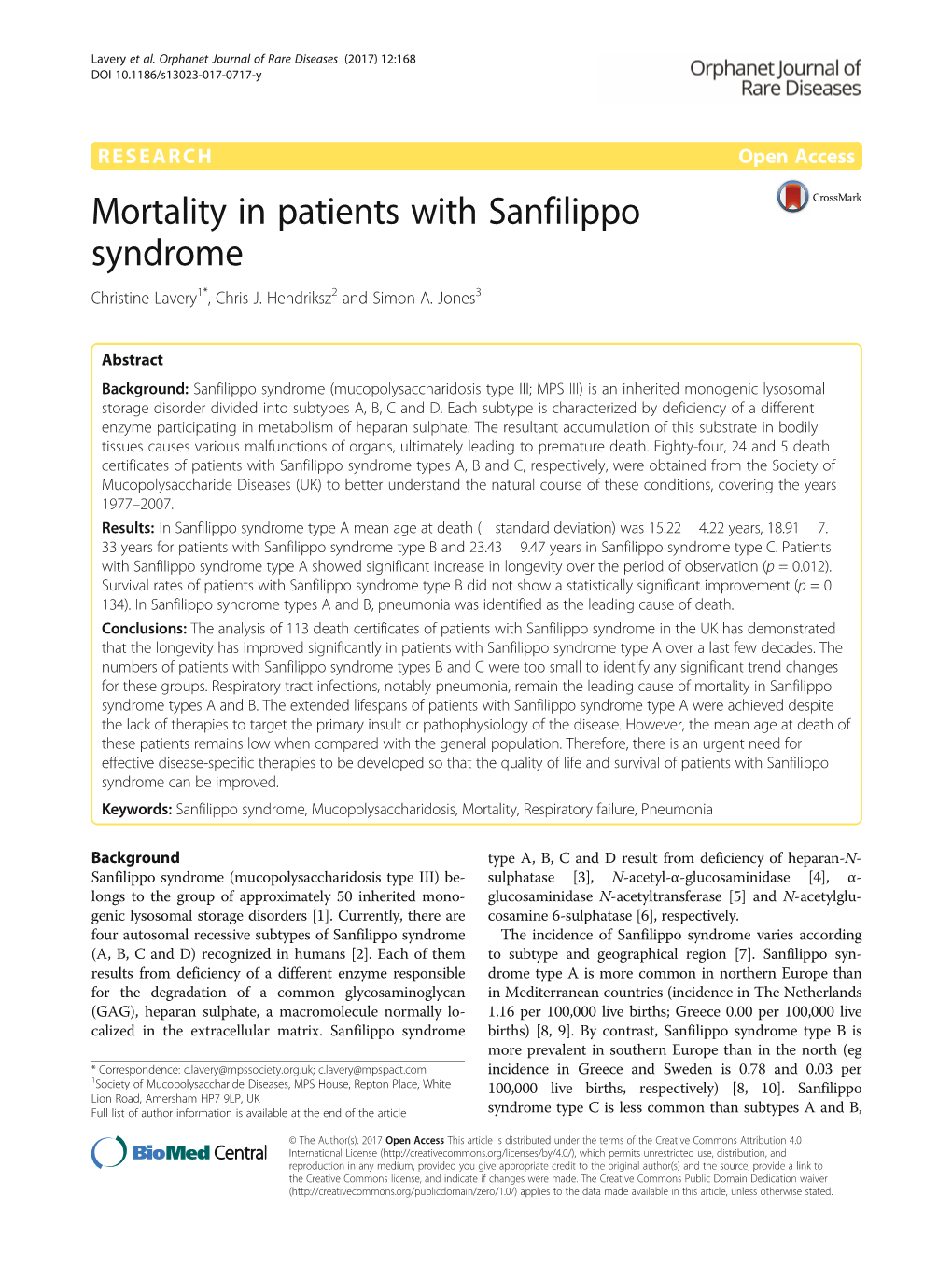 Mortality in Patients with Sanfilippo Syndrome Christine Lavery1*, Chris J