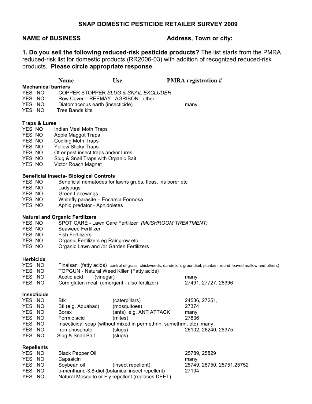 Snap Domestic Pesticide Retailer Survey 2009