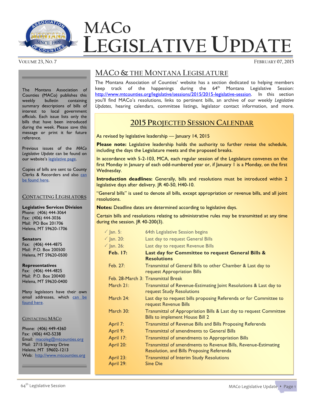 Maco LEGISLATIVE UPDATE VOLUME 23, NO