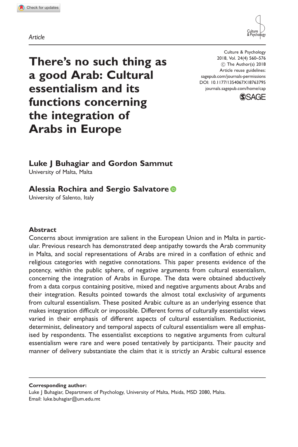 Cultural Essentialism and Its Functions Concerning the Integration of Arabs