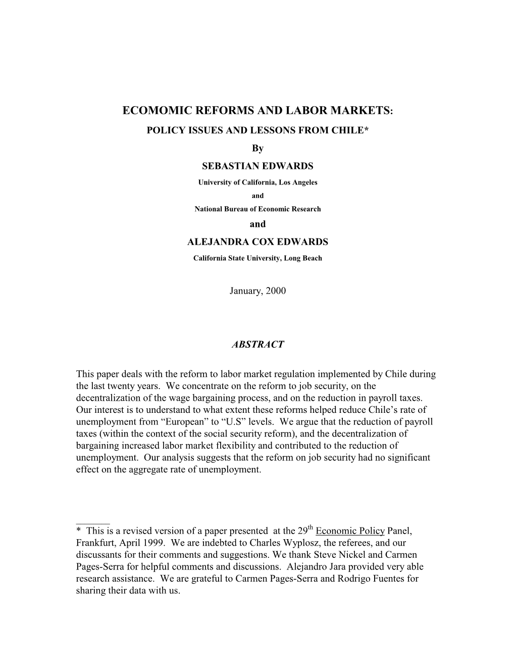 Economic Reforms and Labor Markets: Policy Issues and Lessons from Chile