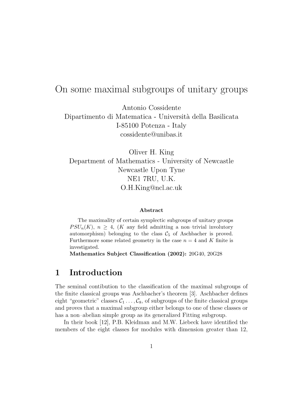 On Some Maximal Subgroups of Unitary Groups