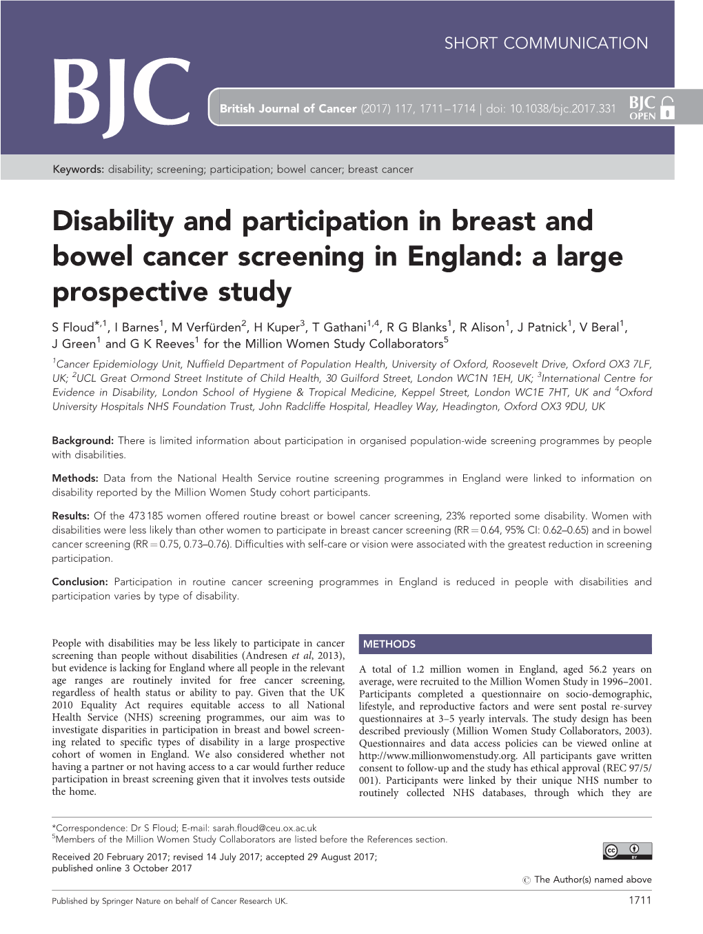 Disability and Participation in Breast and Bowel Cancer Screening in England: a Large Prospective Study